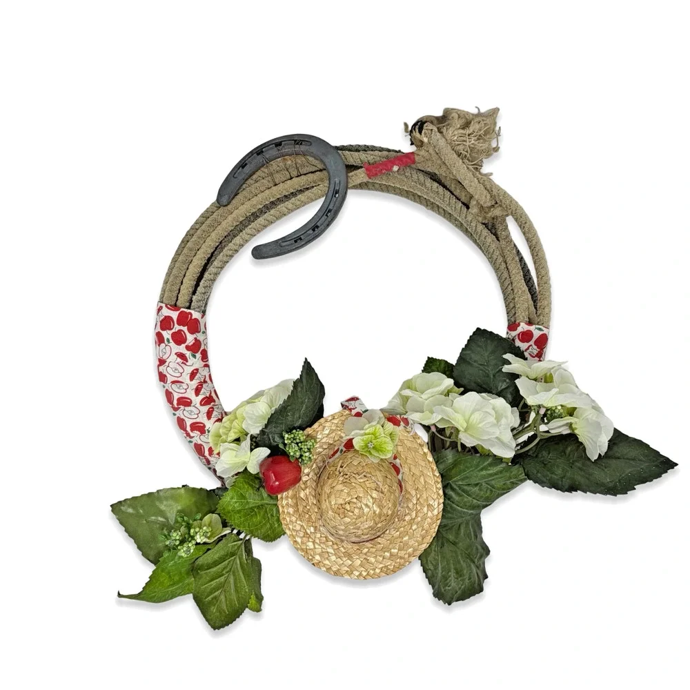 Vintage Horseshoe Wreath Rope Floral Western Farmhouse Decor Rustic 15”